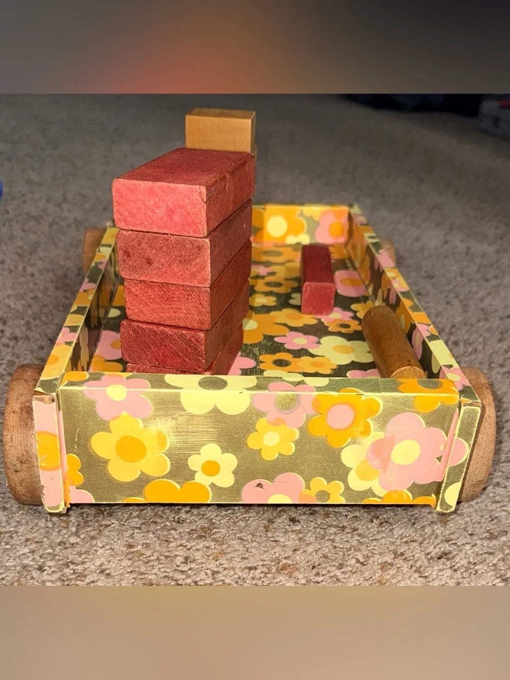 Vintage 1970s Wooden Block Wagon Set - Retro Mod Floral Rolling Cart 22 Blocks!